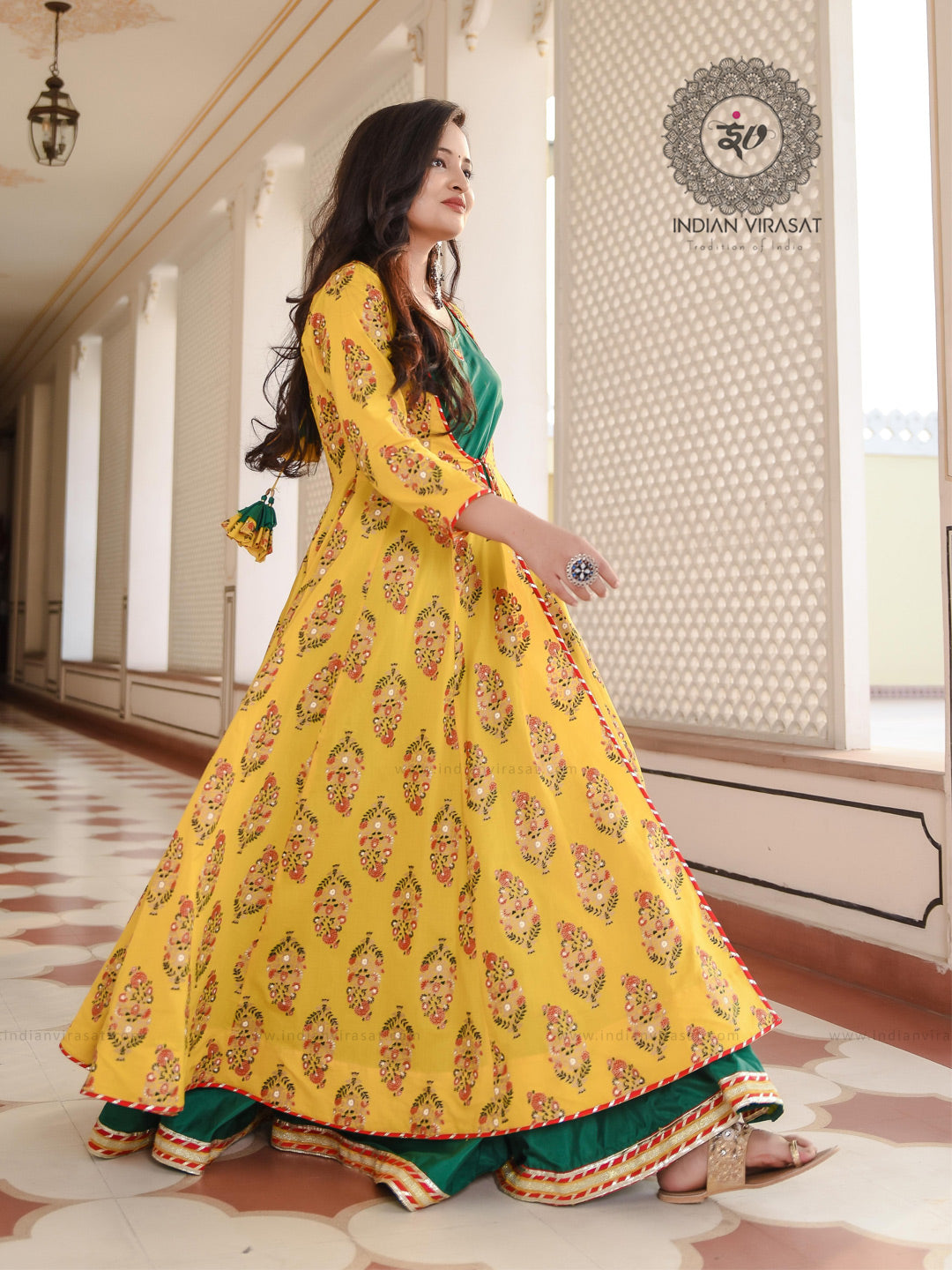 Marigold Yellow Floral Boota Cape With Embroidered Inner