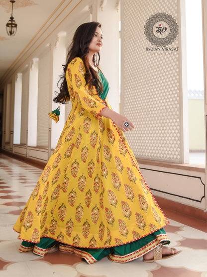 Marigold Yellow Floral Boota Cape With Embroidered Inner