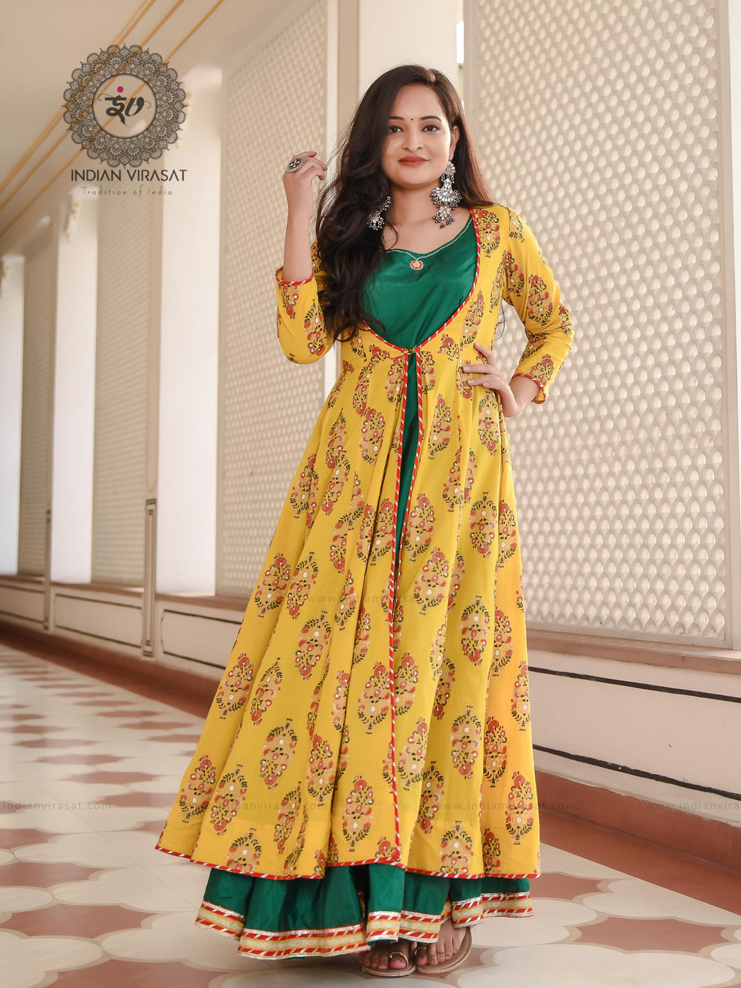 Marigold Yellow Floral Boota Cape With Embroidered Inner