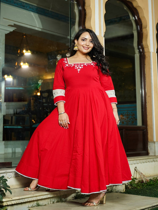 Tomato Red Pure Cotton Anarkali Set