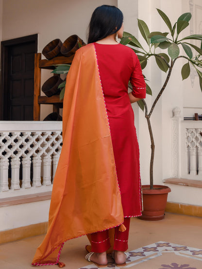 Rose Red Suit With Contrast Dupatta