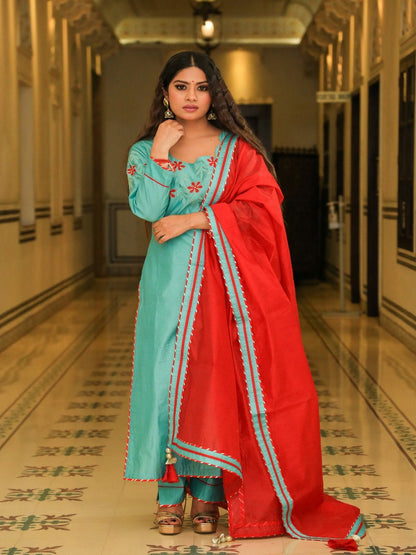 Juniper Green Embroidered Suit Set With Sangria Dupatta