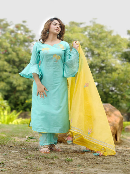 Mint Green Embroidered Suit Set With Gold Dupatta