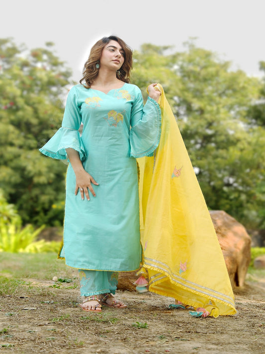 Mint Green Embroidered Suit Set With Gold Dupatta