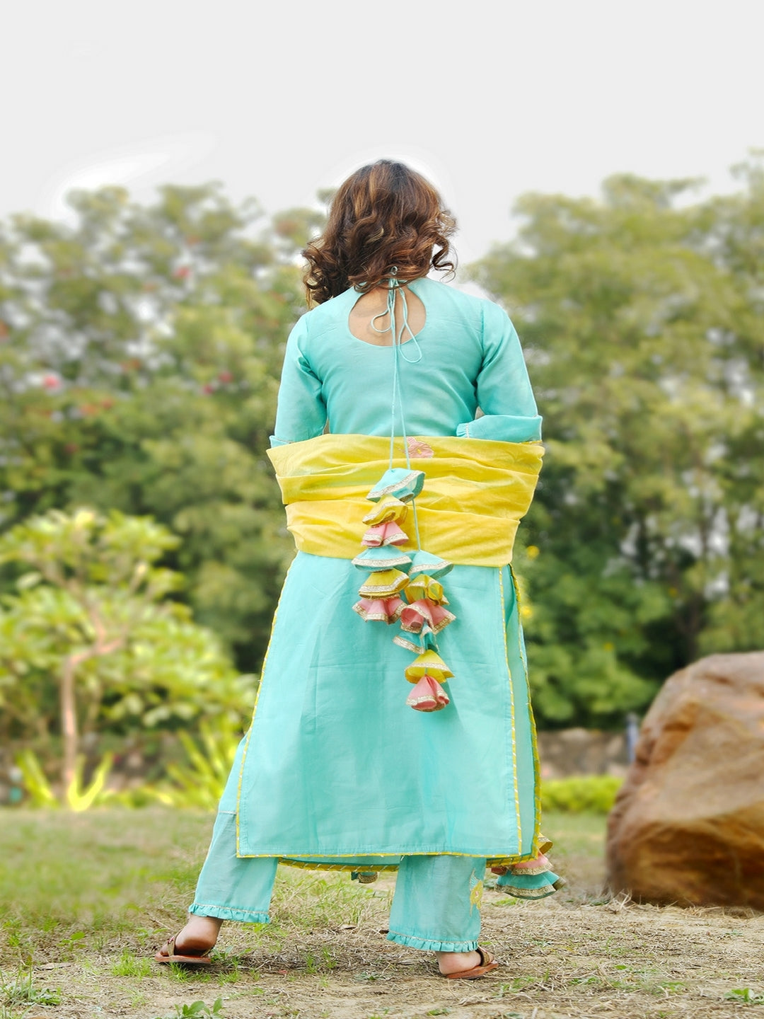 Mint Green Embroidered Suit Set With Gold Dupatta