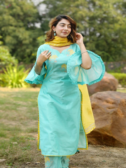 Mint Green Embroidered Suit Set With Gold Dupatta