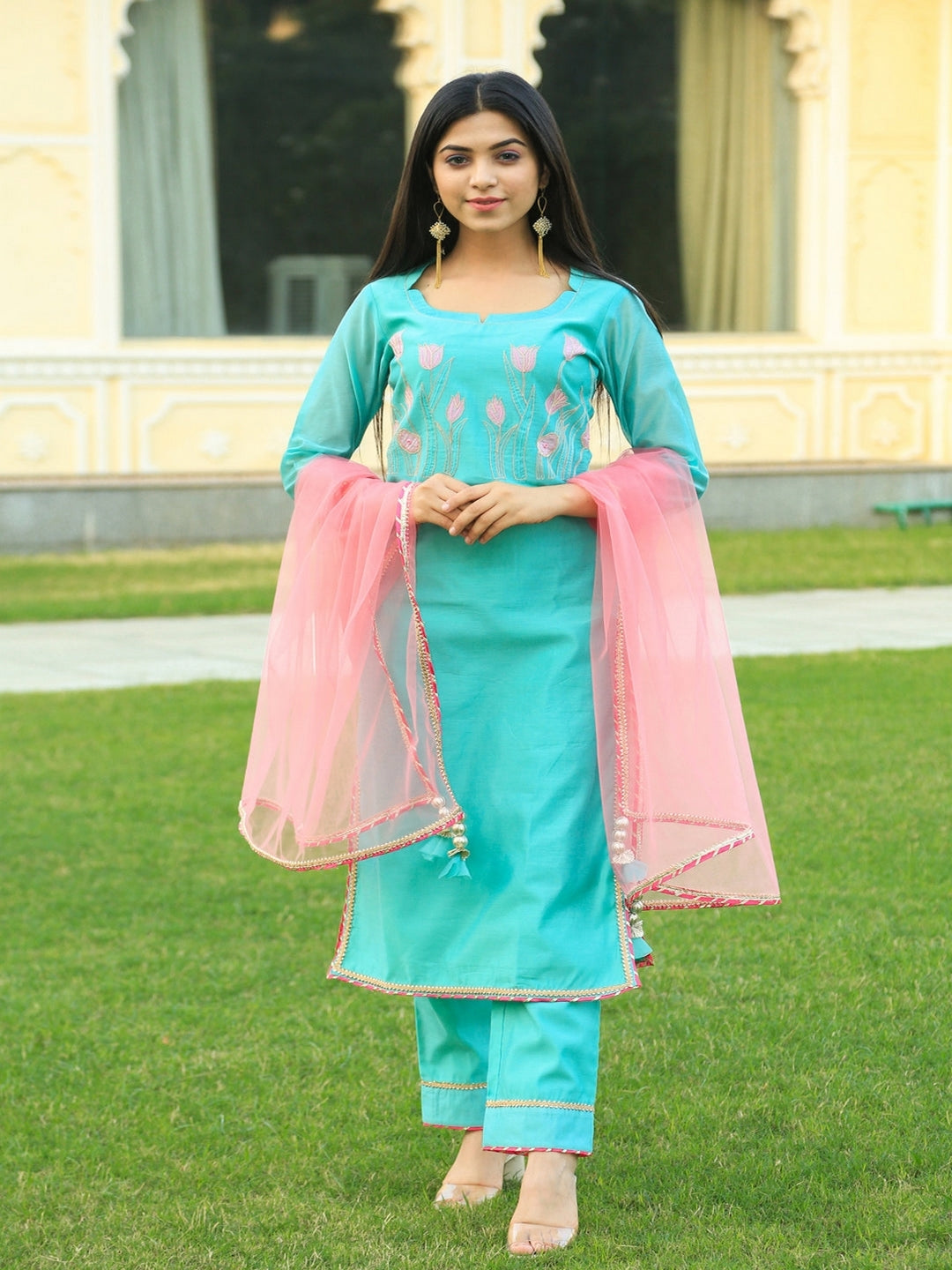 Sea Green Embroidered Suit Set with pink Dupatta