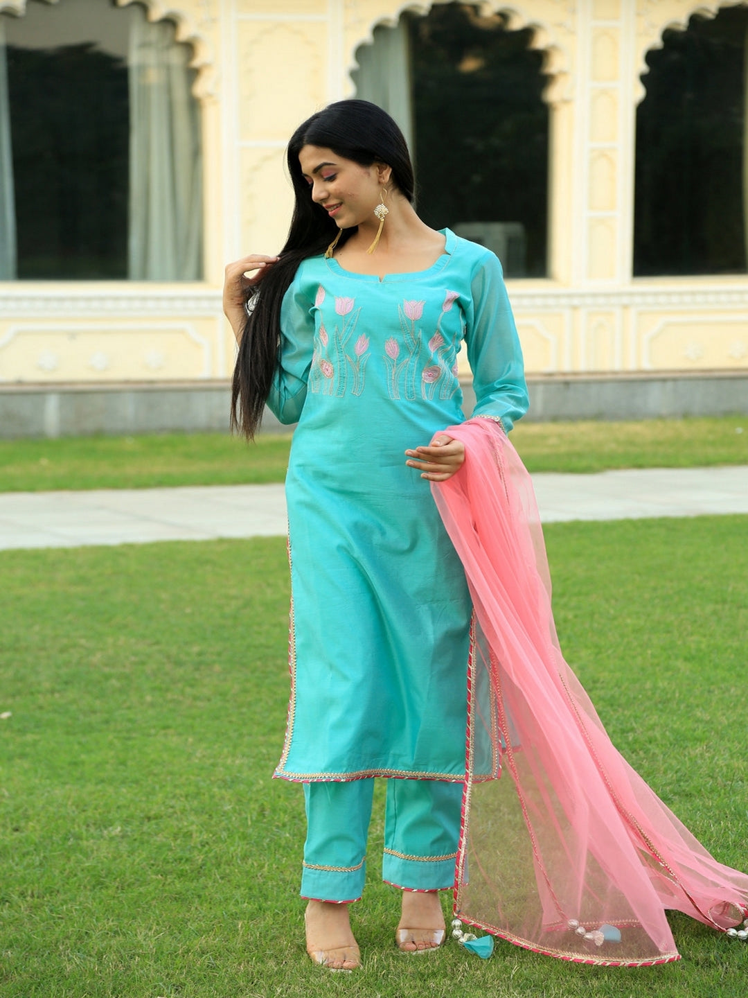Sea Green Embroidered Suit Set with pink Dupatta