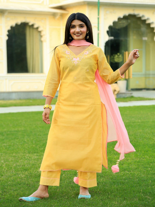 Corn Yellow Embroidered Suit Set with Dupatta