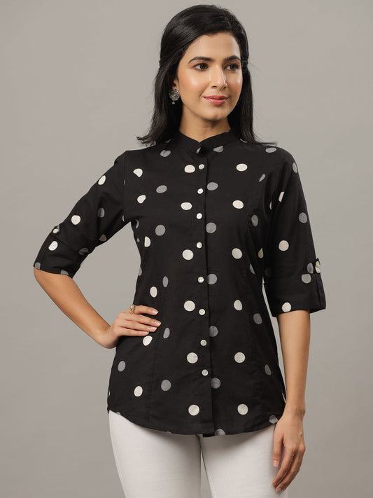 Black White Regular Fit Polka Dot Print Casual Shirt