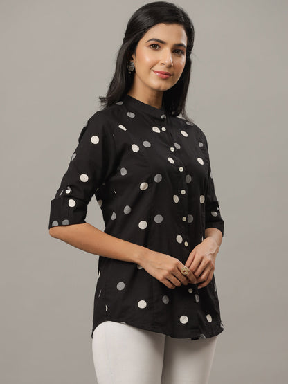 Black White Regular Fit Polka Dot Print Casual Shirt