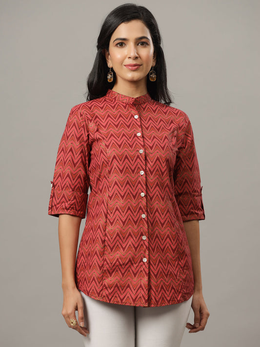 Red Regular Fit Zig Zag Print Casual Shirt