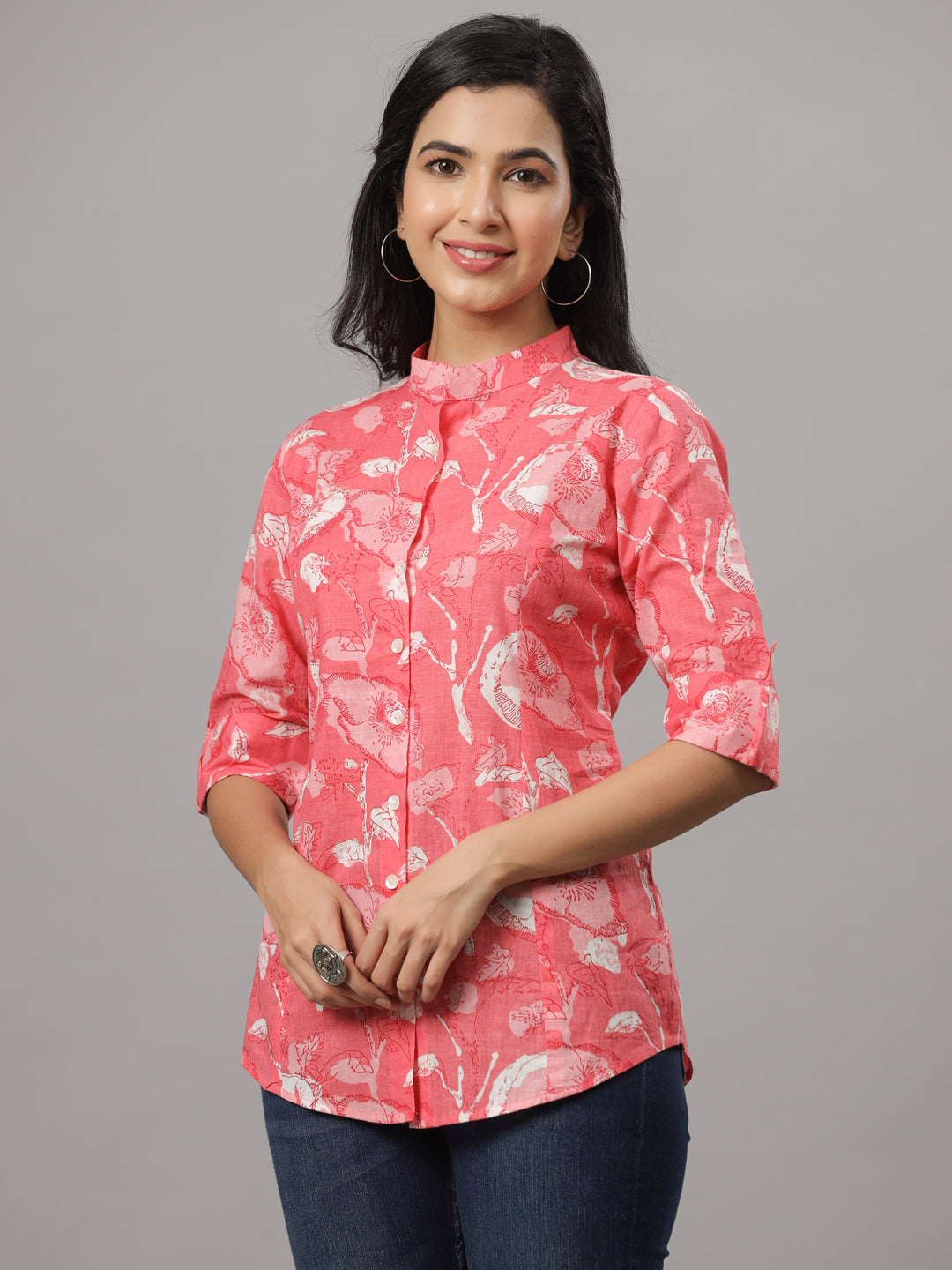 Peach Floral Printed Causal Shirt