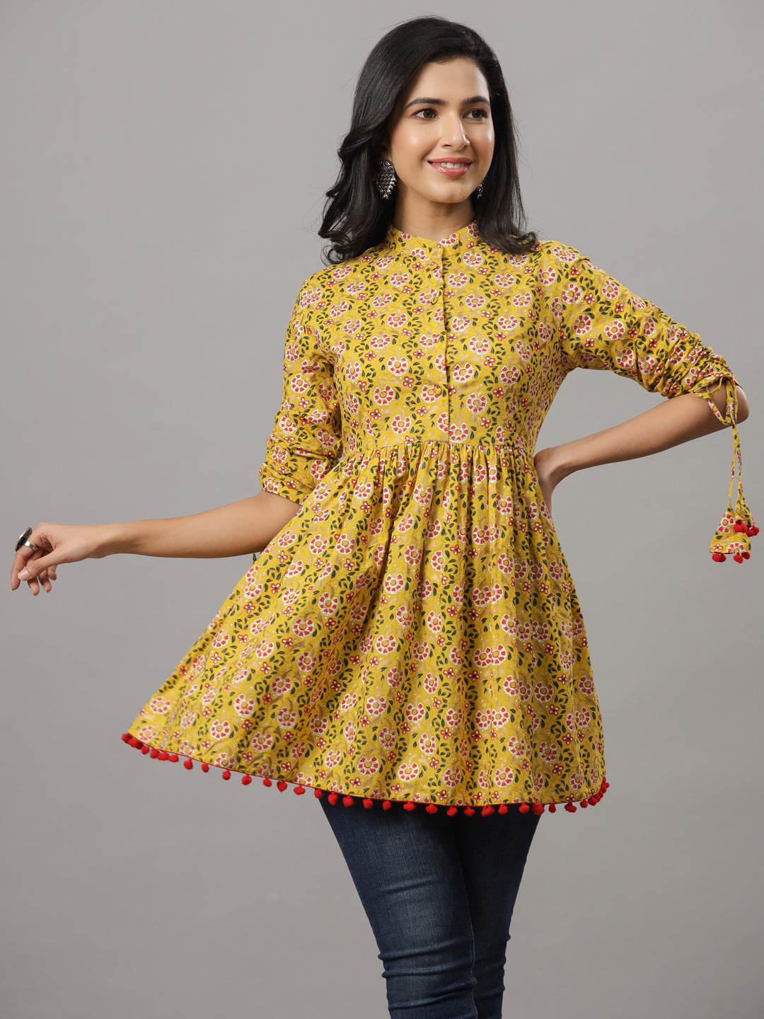 Yellow Empire Floral Print Pura Cotton Longline Top