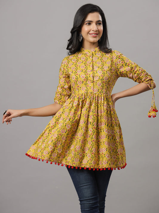 Yellow Empire Floral Print Pura Cotton Longline Top