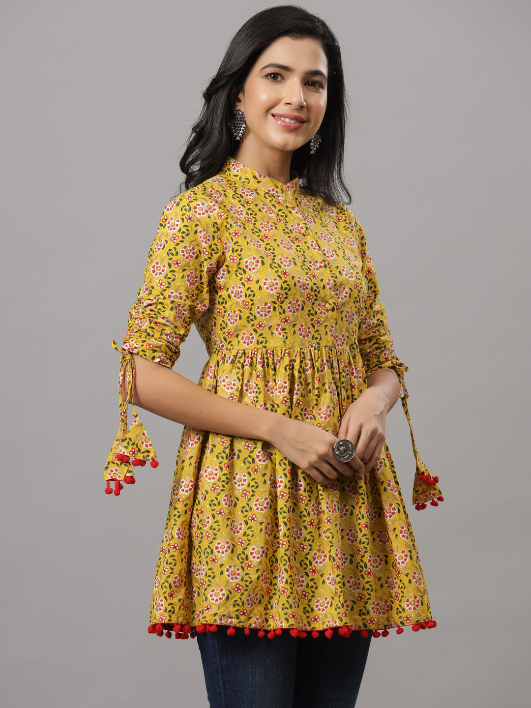 Yellow Empire Floral Print Pura Cotton Longline Top