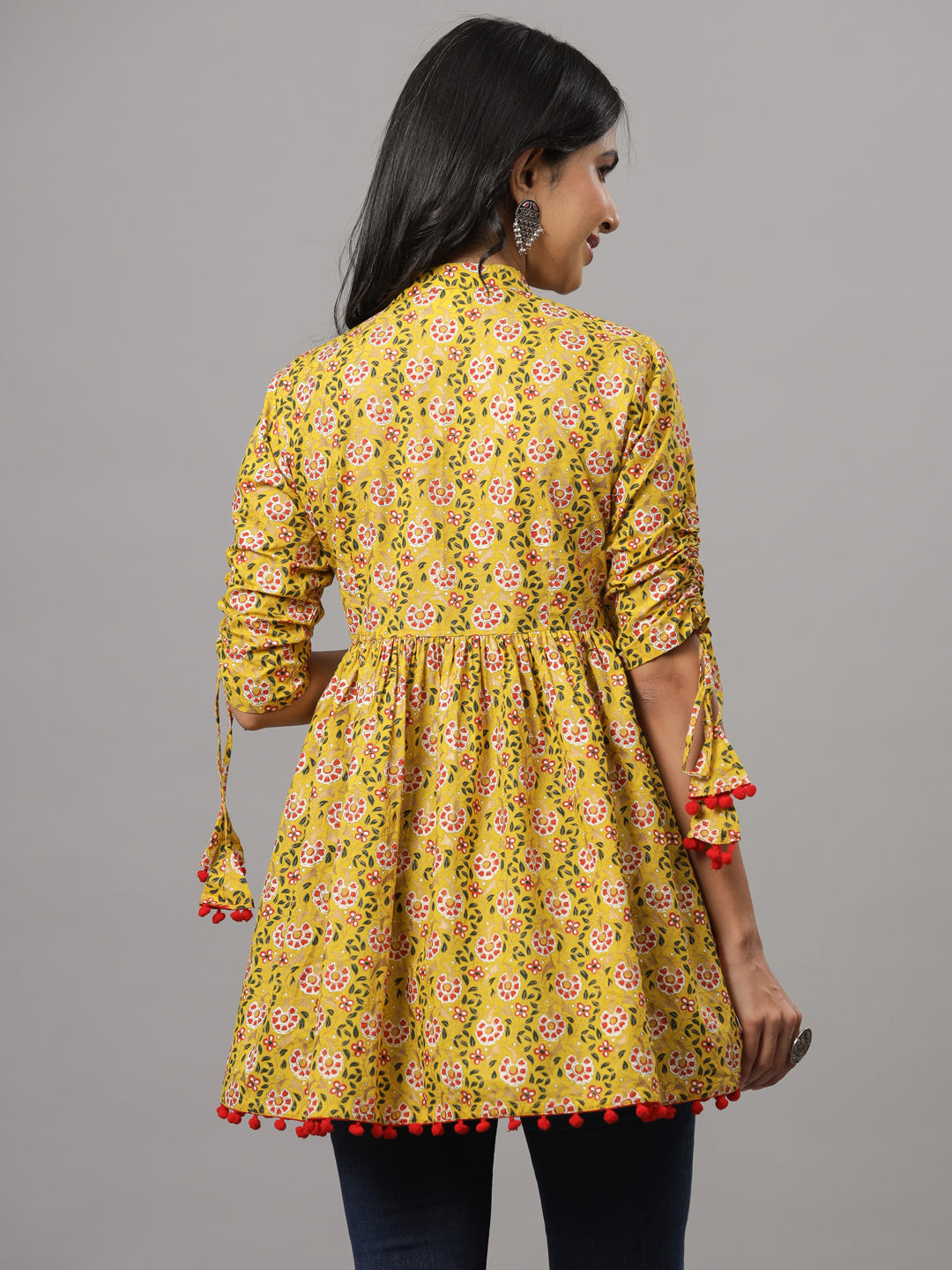 Yellow Empire Floral Print Pura Cotton Longline Top