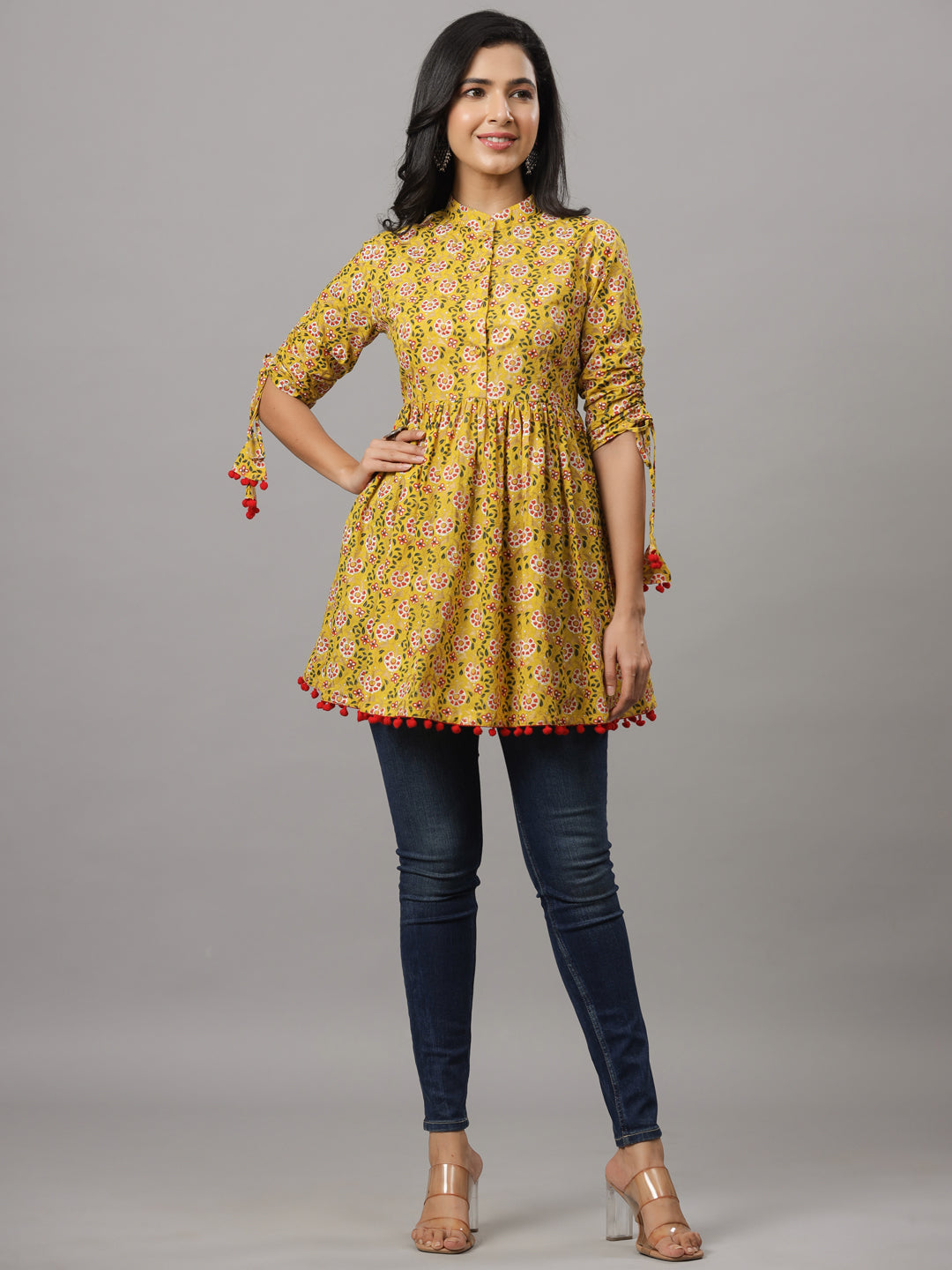 Yellow Empire Floral Print Pura Cotton Longline Top
