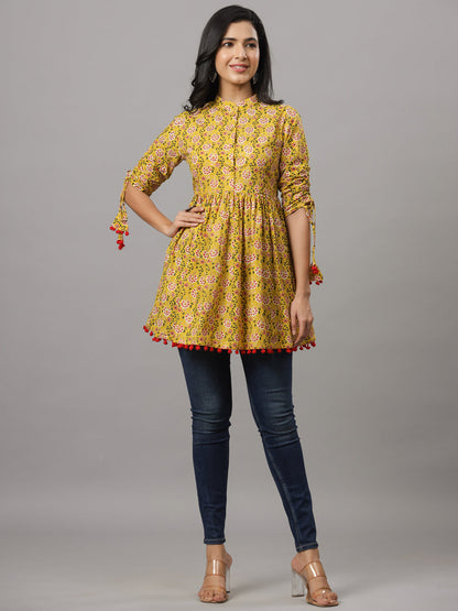 Yellow Empire Floral Print Pura Cotton Longline Top