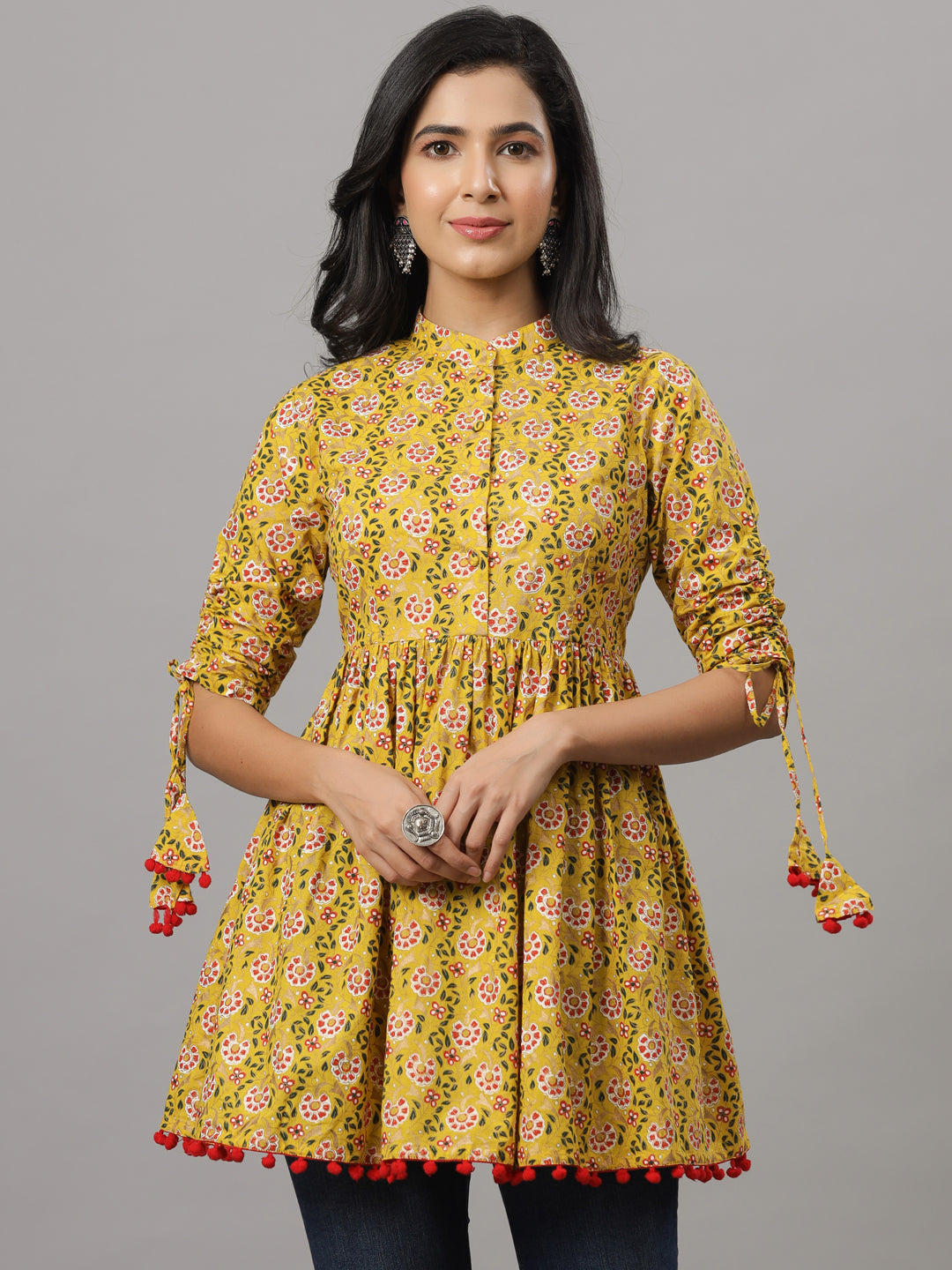 Yellow Empire Floral Print Pura Cotton Longline Top
