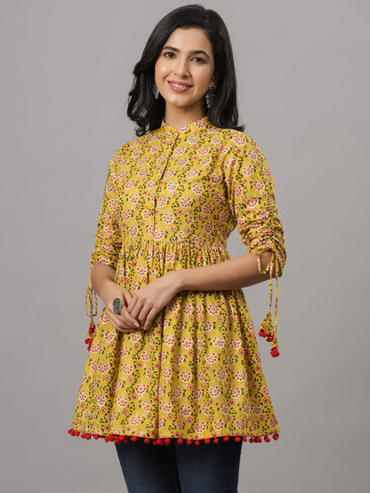 Yellow Empire Floral Print Pura Cotton Longline Top