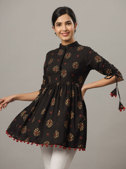 Black Etnic Motif Print Pure Cotton Empire Longline Top