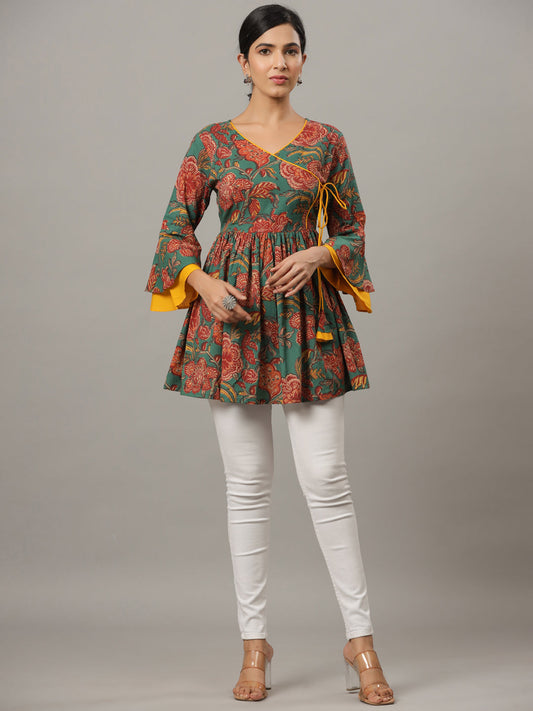 Green & Red Flower Angrakha Pure Cotton Longline Top