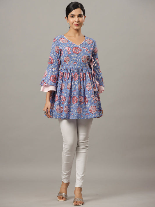 Blue & Pink Floral Printed Angrakha Pure Cotton Longline Top