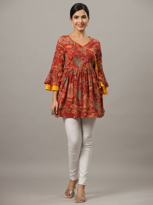 Red & Mustard Floral Printed Angrakha Pure Cotton Longline Top