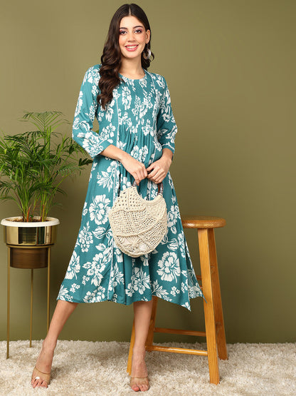 Flared Printed Viscose Rayon Dress
