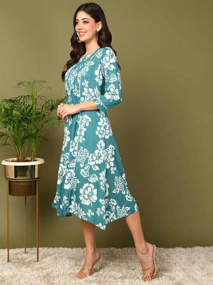 Flared Printed Viscose Rayon Dress
