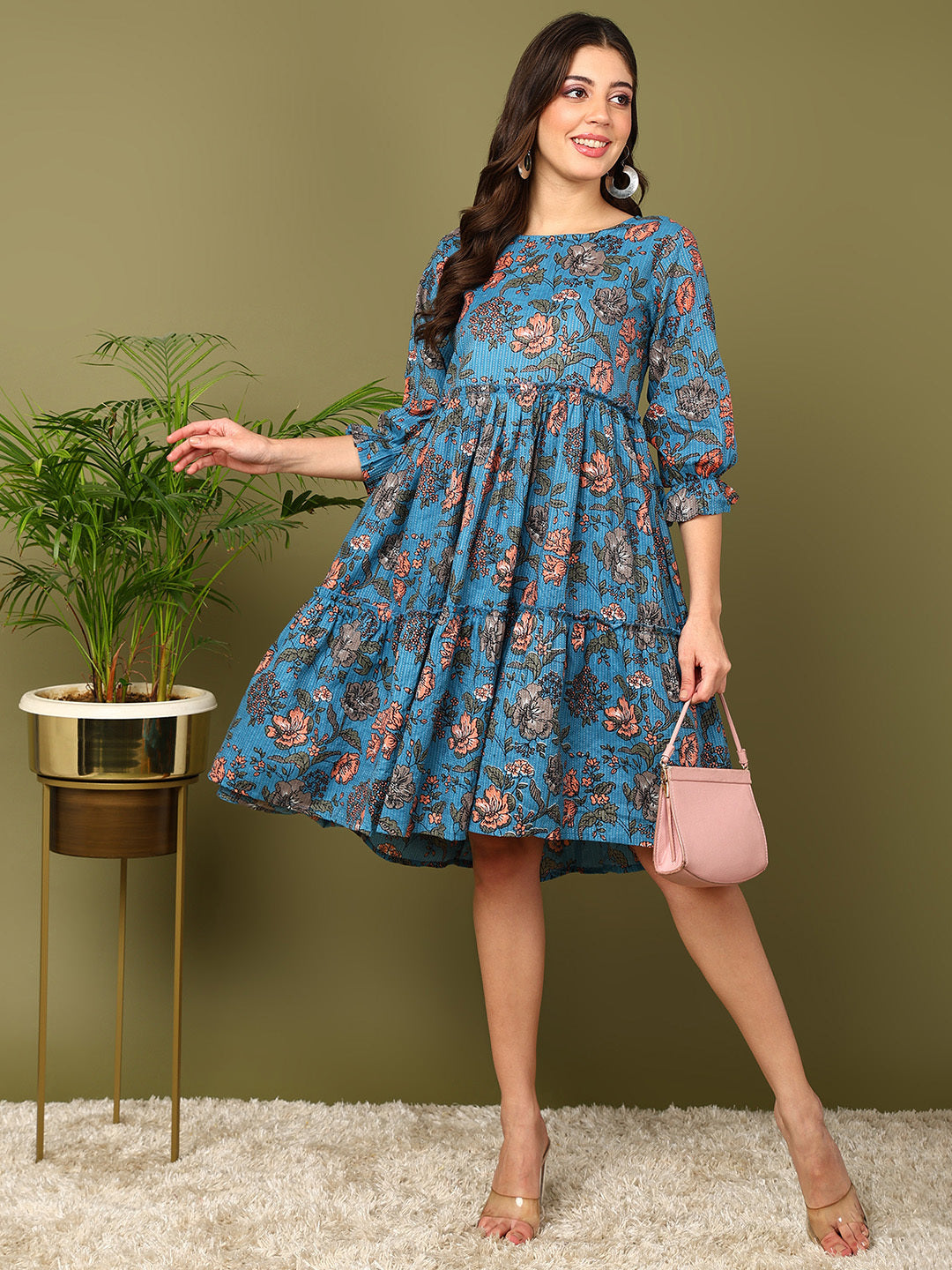 Flared Printed Viscose Rayon Dress