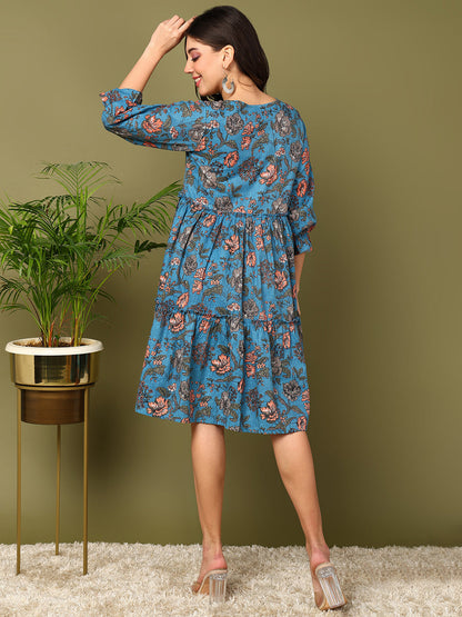 Flared Printed Viscose Rayon Dress