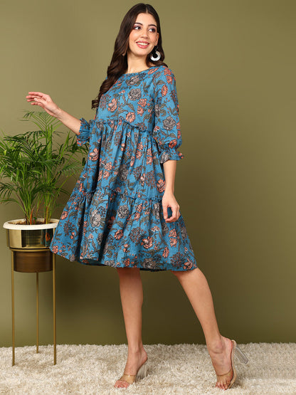 Flared Printed Viscose Rayon Dress