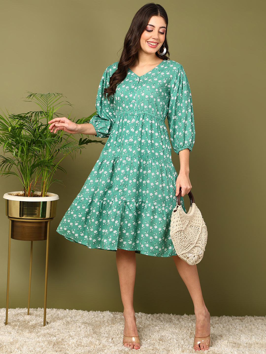 Flared Printed Viscose Rayon Dress