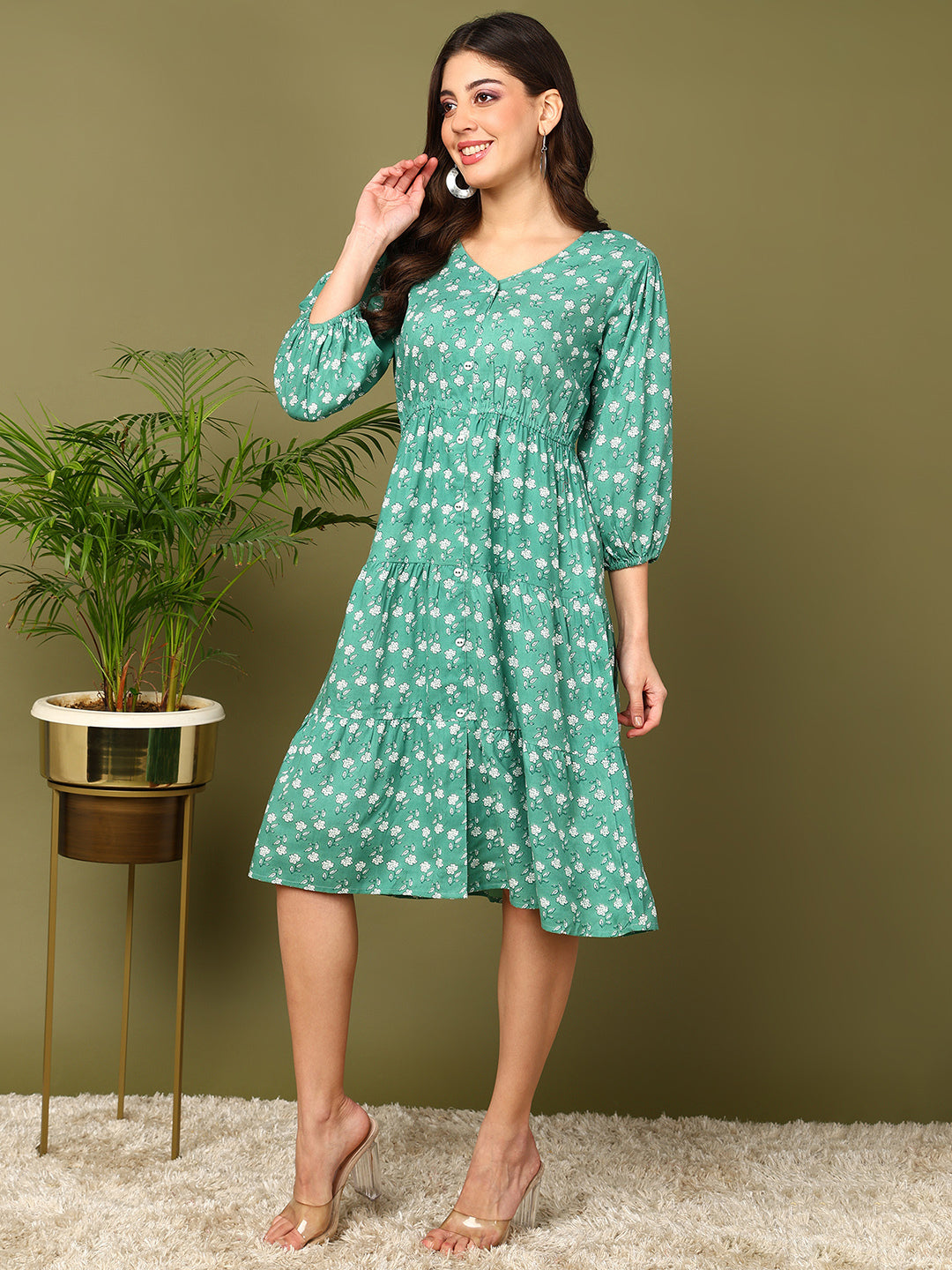 Flared Printed Viscose Rayon Dress