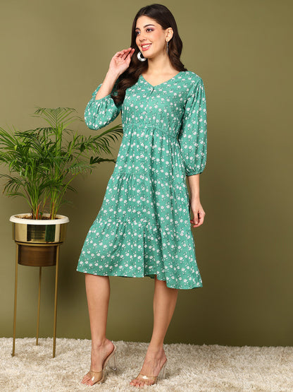 Flared Printed Viscose Rayon Dress