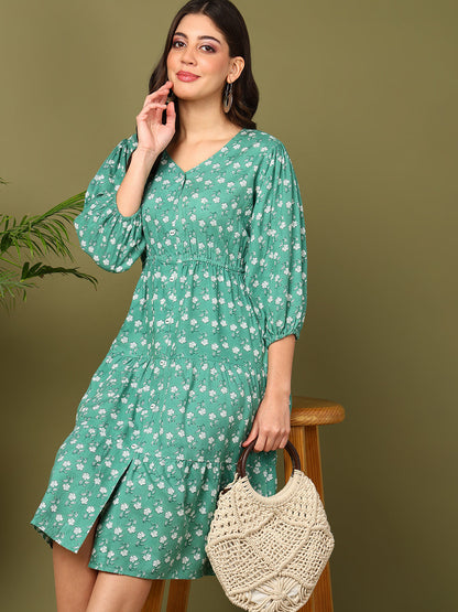 Flared Printed Viscose Rayon Dress