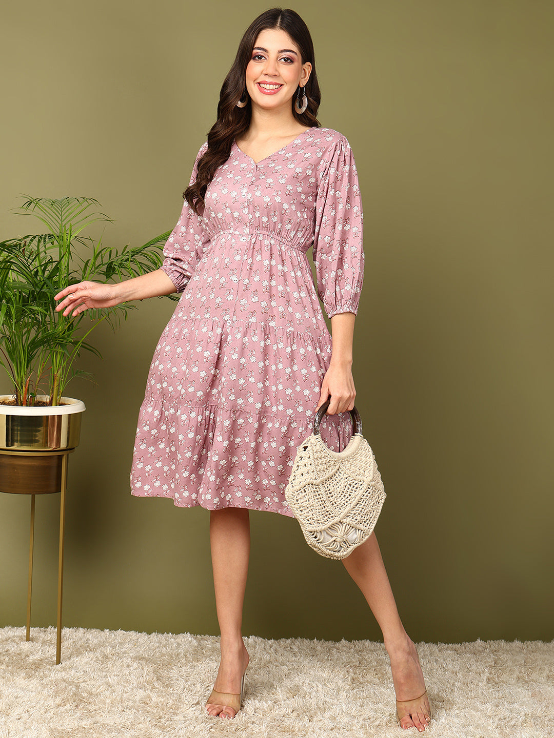 Flared Printed Viscose Rayon Dress