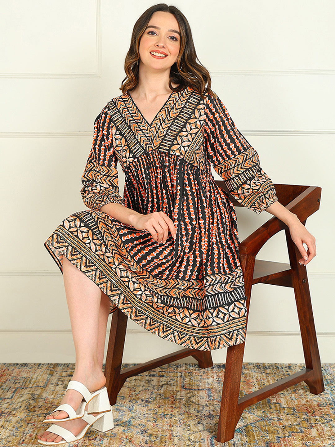 Flared Printed Viscose Rayon Dress