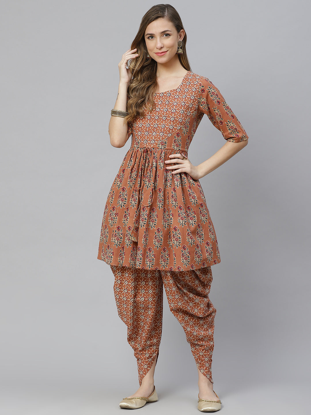 Printed Pure Cotton Above Knee Round Neck Kurta Set
