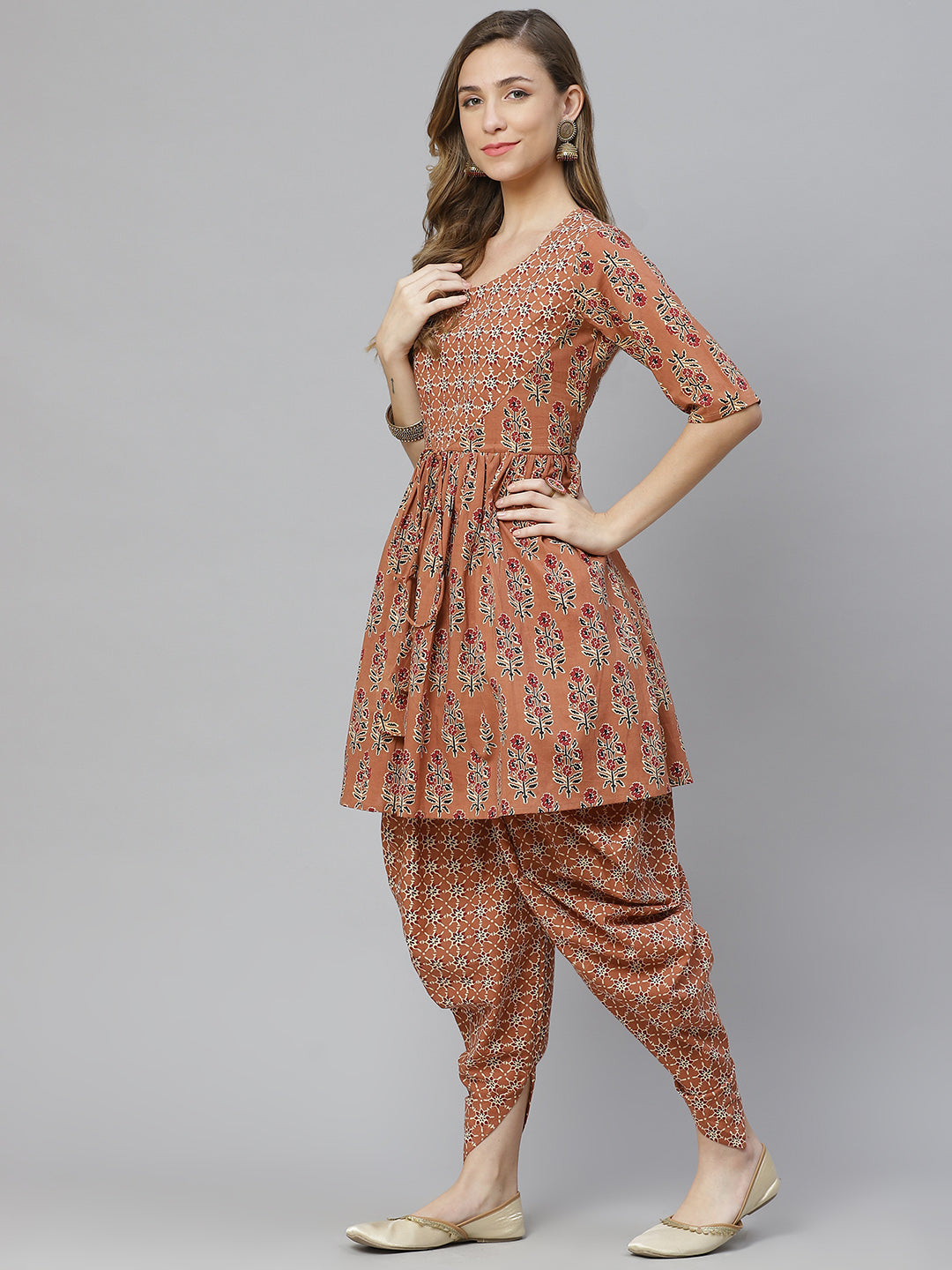 Printed Pure Cotton Above Knee Round Neck Kurta Set