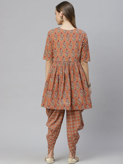 Printed Pure Cotton Above Knee Round Neck Kurta Set