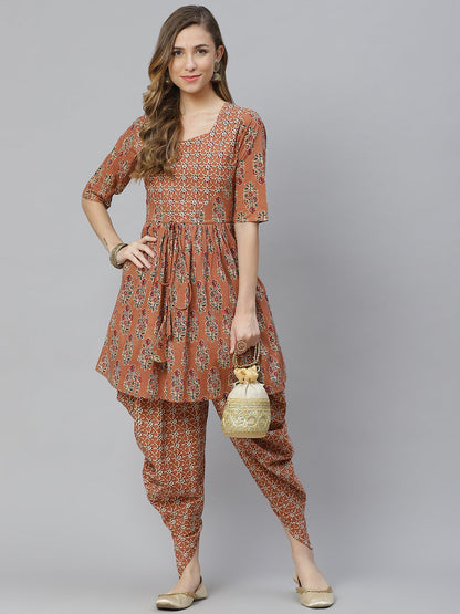Printed Pure Cotton Above Knee Round Neck Kurta Set