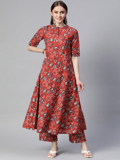 Floral Print Pure Cotton Calf Length Mandarin Collar Kurta Set