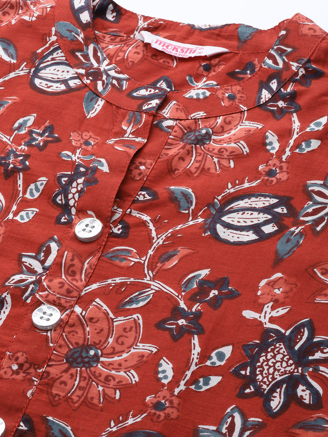 Floral Print Pure Cotton Calf Length Mandarin Collar Kurta Set