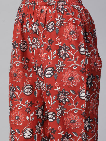Floral Print Pure Cotton Calf Length Mandarin Collar Kurta Set