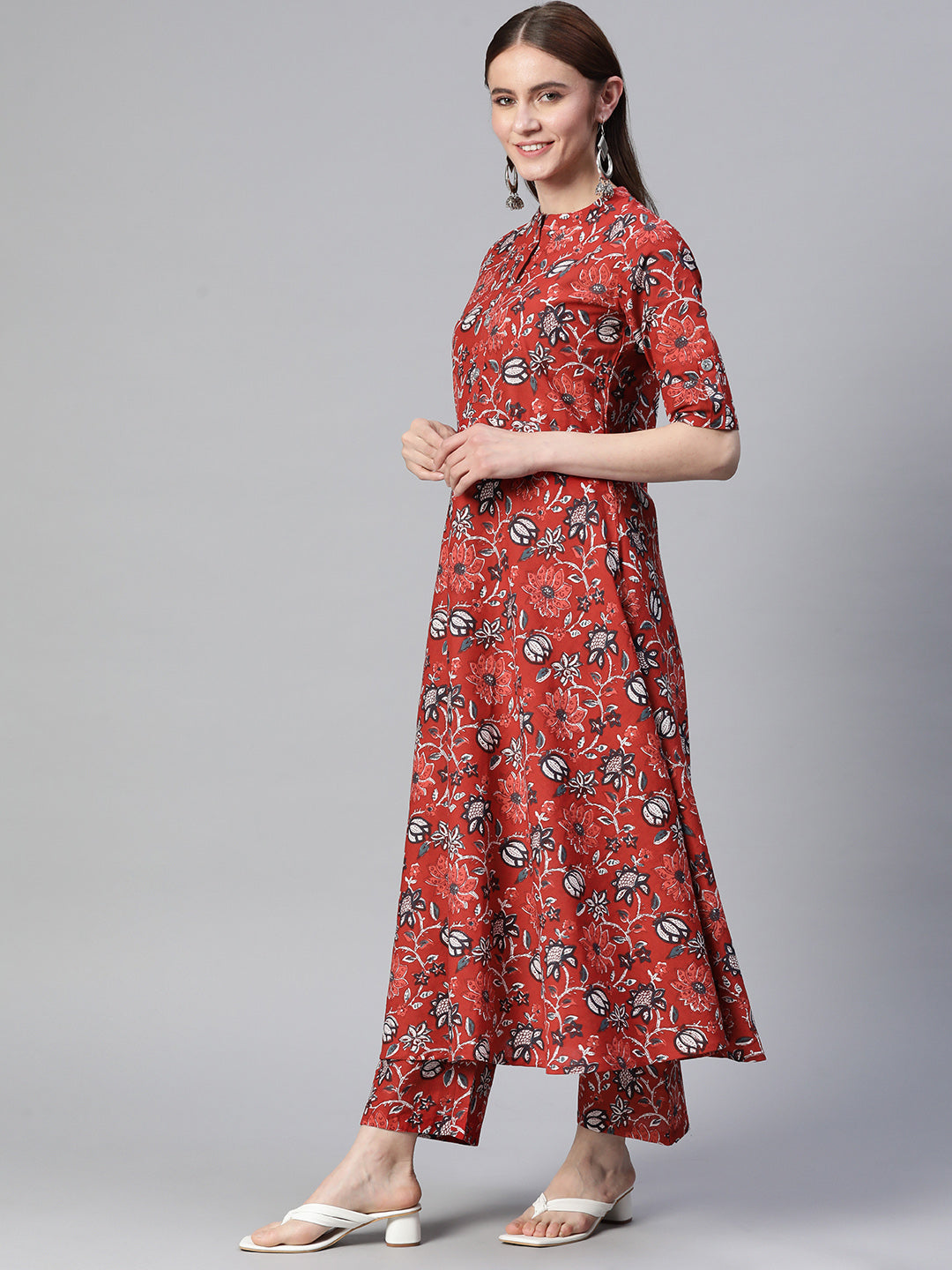 Floral Print Pure Cotton Calf Length Mandarin Collar Kurta Set