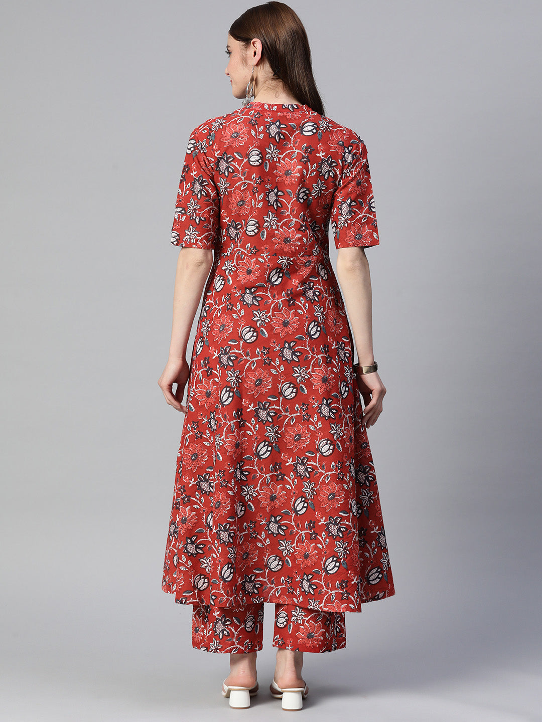 Floral Print Pure Cotton Calf Length Mandarin Collar Kurta Set