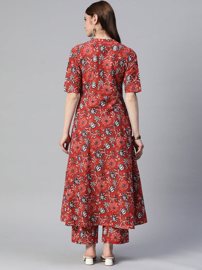 Floral Print Pure Cotton Calf Length Mandarin Collar Kurta Set
